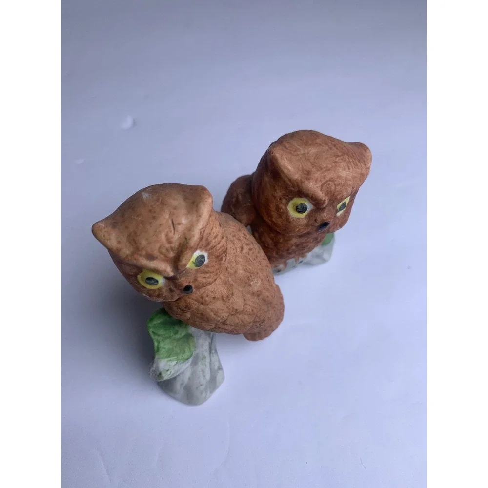 Vintage Ceramic Owl Figurine Pair on Branch Brown Bird Decor Hand Painted‎
